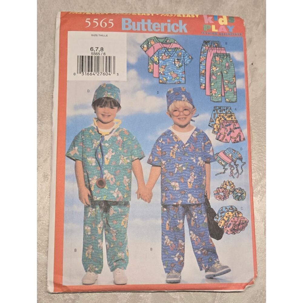 Butterick 5565 Scrub Top Shorts Pants Hat Boys Girls Sz 6-8 Pattern UNCUT 2001